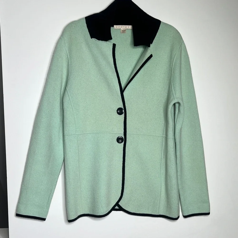 Belford Sz L 100% Cashmere Front Button Cardigan Sweater Jacket Black Teal